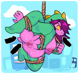 anthro anus areola bdsm big_areola big_breasts bodily_fluids bound breasts butt cartoon_freckles clothing damaged_clothing dinosaur_costume disembodied_penis female freckled_breasts freckled_butt freckled_face freckles genitals group imminent_sex male nipples non-mammal_nipples penis purple_body purple_skin questionable_consent rope_suspension solo_focus sweat sweatdrop torn_clothing vulva cheekers_(artist) deltarune undertale_(series) susie_(deltarune) monster reptile scalie 2025 hi_res