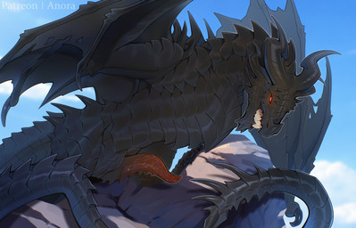 animal_genitalia bared_teeth black_body black_claws black_scales black_wings blue_sky claws day erection facial_spikes feral genitals grin horn long_tail male monotone_body monotone_scales notched_wings penis presenting presenting_penis raised_wings red_eyes red_penis ridged_penis rock scales sky smile solo spikes spikes_(anatomy) tail tapering_penis teeth wings anora_drakon bethesda_game_studios european_mythology microsoft mythology patreon skyrim the_elder_scrolls alduin dragon mythological_creature mythological_scalie scalie western_dragon wyvern 2026 digital_drawing_(artwork) digital_media_(artwork) hi_res