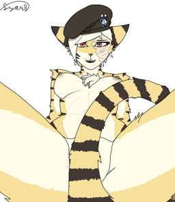 anthro athletic athletic_anthro athletic_female blonde_hair breasts female fur hair military nipples open_mouth red_eyes scar simple_background smile solo white_background syars chloe_(hunglee) felid leopard mammal pantherine