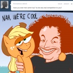 ask_jappleack blonde_hair clothing cowboy_hat dialogue duo female feral freckles green_eyes hair hat headgear headwear long_hair male open_mouth ponytail red_hair text hotdiggedydemon friendship_is_magic hasbro my_little_pony tumblr applejack_(mlp) carrot_top earth_pony equid equine horse human mammal pony 1:1 english_text