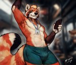 anthro bulge bus clothed clothing commercial_vehicle fur green_eyes group male male_focus orange_body orange_fur public_transportation smile smirk solo_focus topless vehicle white_body white_fur sunitai keirish_(character) ailurid mammal red_panda hi_res