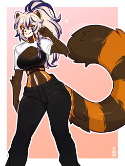 anthro biped blush bottomwear breasts clothed clothed_anthro clothed_female clothing female fingers front_view fully_clothed fully_clothed_anthro fully_clothed_female fur hair navel smile solo tail teeth topwear thericegoat lokkun ailurid mammal red_panda 2026 absurd_res hi_res
