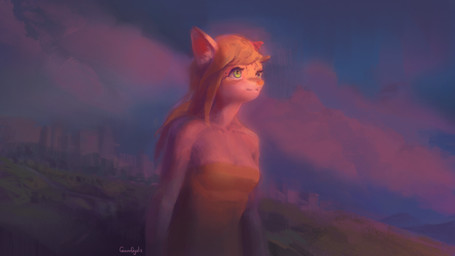 blonde_hair blue_eyes breasts clothed clothing day female fur green_eyes hair heterochromia inner_ear_fluff long_hair outside solo standing sunset tuft white_body white_fur gamgyuls felid feline mammal 16:9 2019 half-length_portrait hi_res portrait
