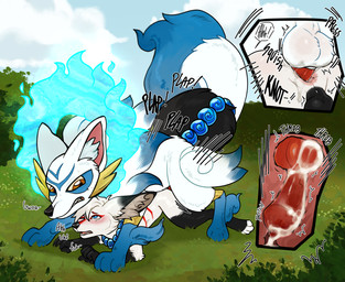 anal anal_knotting anal_penetration animal_genitalia animal_penis anthro anthro_on_feral anthro_penetrated balls bestiality black_markings blue_body blue_eyes blue_fur bodily_fluids brown_eyes butt canine_genitalia canine_penis cum cum_in_ass cum_inside duo erection feral feral_penetrating feral_penetrating_anthro fire fur gem genital_fluids genitals grass internal jewelry knot knot_root knotted_penis knotting leg_markings male male/male male_penetrated male_penetrating male_penetrating_male markings nude outside penetration penile penile_penetration penis plant red_markings sex simple_background sky socks_(marking) tail tuft white_body white_fur prince-vulpine mythology palworld pocketpair lehran canid canine kitsun_(pal) mammal mythological_creature pal_(species) hi_res