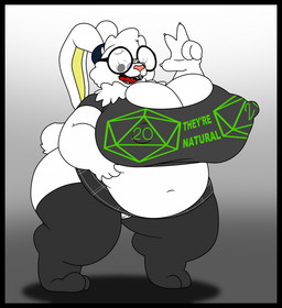 5_fingers anthro big_breasts black_border black_clothing black_legwear black_stockings bodily_fluids border bottomwear breasts camel_toe clothing eyewear female fingers genital_fluids glasses hand_on_belly huge_breasts implied_transformation legwear looking_down navel nerd nipple_outline overweight round_glasses simple_background skirt solo stockings vaginal_fluids thatmoondragon lagomorph leporid mammal rabbit 2025 hi_res