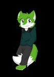 anthro barefoot black_background bottomwear cheek_tuft clothed clothing electronics facial_tuft feet fur green_body green_eyes green_fur green_nose grey_bottomwear grey_clothing grey_pants grin hair hand_in_pocket headphones headphones_around_neck hoodie looking_at_viewer male pants pockets short_hair simple_background smile solo standing three-quarter_view topwear tuft unsigned white_body white_fur white_inner_ear young kewkungzn canid mammal full-length_portrait hi_res portrait