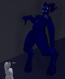 ambiguous_gender areola armor bared_teeth beckoning belly bent_legs blue_areola blue_body blue_eyes blue_horn blue_mouth blue_skin breasts claws dark_blue_skin digitigrade duo ellipsis female female_focus gesture glowing glowing_eyes glowing_mouth grin hand_gesture headgear helmet hooves horn knight leaned_back looking_down looking_up multi_eye nipples no_genitals pointing pointing_down sharp_teeth simple_background size_difference smile smoke solo_focus teeth teeth_showing text toothy_smile warrior anoelotl dungeons_and_dragons hasbro wizards_of_the_coast human humanoid mammal monster nightwalker_(species) shadow_creature undead 5:6 digital_drawing_(artwork) digital_media_(artwork) hi_res shaded