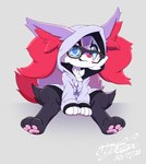 ambiguous_anthro ambiguous_gender anthro blue_eyes chibi clothed clothing eyewear freckles glasses hoodie kemono looking_at_viewer semi-anthro sitting solo topwear gingy_k_fox nintendo pokemon pokemon-specific_day gingy_(gingy_k_fox) braixen canid canine generation_6_pokemon mammal pokemon_(species) shiny_pokemon