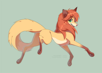 bangs brown_markings brown_pawpads dipstick_tail female feral feral_with_hair fur green_background green_eyes hair long_hair looking_at_viewer markings nude open_mouth orange_hair pawpads pink_nose simple_background snout solo tail tail_markings tan_body tan_fur toony yellow_body yellow_fur azzai canid canine fox mammal 2020 colored digital_drawing_(artwork) digital_media_(artwork) shaded