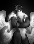 anthro beard black_white cape clothing crossed_arms crown detailed_fur facial_hair feathers featureless_crotch fluffy fur headgear male mustache solo spread_wings wings bgn king_douxthos demon hybrid detailed hi_res