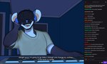 anthro bangs beard clothed clothing computer_keyboard desk dialogue facial_hair fur furniture hair inside livestream male male_anthro open_mouth open_smile shirt sitting smile solo stream_chat table teeth text tongue topwear tuft bluesh twitch.tv cristian_(bluesh) hyena mammal 2024 absurd_res english_text hi_res