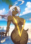 anthro beach bear_ears big_breasts bikini blue_eyes blue_sky breasts brown_body brown_fur clothing female fur gold_bikini gold_sling_bikini hair one-piece_swimsuit outside sand sky sling_bikini solo swimwear two-piece_swimsuit white_hair mastergodai golden_week naomi_(mastergodai) bear mammal ursidae ursine 2025
