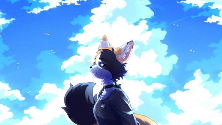 anthro black_body black_clothing black_collar black_eyebrows black_eyes black_fur black_nose black_shirt black_topwear clothing cloud collar detailed_background dipstick_ears dipstick_tail ear_markings eyebrows eyewear femboy footprint fur glasses heart_collar heart_symbol inner_ear_fluff looking_at_viewer male markings multicolored_body multicolored_ears multicolored_fur narrowed_eyes orange_body orange_fur pawprint pink_inner_ear round_glasses shirt side_view sky skyscape smile solo standing tail tail_markings topwear tuft wearing_glasses white_body white_fur white_inner_ear_fluff pokithekat poki_(pokithekat) calico_cat domestic_cat felid feline felis mammal 16:9 2025 widescreen