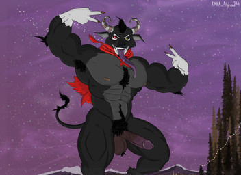 abdominal_bulge abs anthro armpit_hair balls big_balls big_breasts big_penis black_body black_fur black_hair body_hair breasts cape chest_hair christmas_decorations christmas_lights clothing cold countershade_torso countershading evergreen_tree eyelid_pull fur genitals gesture hair hairy_balls heterochromia holidays horn illuminated lewd_symbolism long_tail male mountain multicolored_body muscular muscular_anthro muscular_male nipples obscene_gesture ornament outdoor_nudity outside pecs penis pine_tree plant pointy_ears pointy_fingers pubes red_eyes sharp_horn sharp_teeth sky skyscape snow snowflake solo suggestive suggestive_gesture tail teeth thick_glans thick_penis thick_thighs tongue tongue_out tree wind yellow_eyes kmka christmas krampus bovid caprine caprine_demon demon goat goat_demon mammal absurd_res hi_res shaded