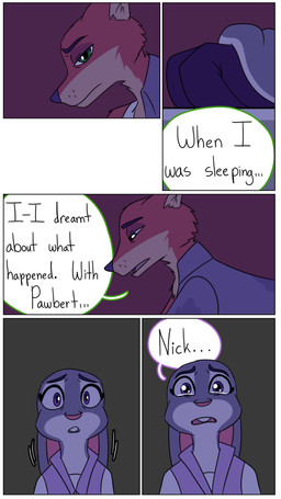 anthro blanket_grab clothed clothing dialogue duo female fur grey_body grey_fur male orange_body orange_fur pointy_ears rabbit_ears scared tears_of_fear tears_of_sadness text hahstudios disney zootopia judy_hopps nick_wilde canid canine european_rabbit fox lagomorph leporid mammal oryctolagus rabbit red_fox true_fox comic english_text