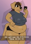 anthro belly belly_overhang clothes_stretching clothing clothing_theft female love_handles muffin_top navel nipple_outline overweight overweight_female selfie slightly_chubby slightly_chubby_female solo stealing text thick_thighs tight_clothing lonnyk snapchat alex_(lonnyk) bird_dog canid canine canis domestic_dog hunting_dog labrador mammal retriever absurd_res english_text hi_res