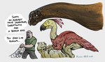 ambiguous_gender arm_feathers beak brown_body brown_scales claws clothed clothing earhole facial_hair fangs feathers feral future group head_feathers mustache net sabertooth_(anatomy) scales simple_background size_difference speech_bubble tail tail_feathers teeth text unimpressed white_background titanlizard_art prehistoric_park the_future_is_wild bob_arthur avian bird caracara carakiller dinosaur dromaeosaurid falconid feathered_dinosaur feathered_scalie human mammal microraptor mustelid prehistoric_species reptile scalie snowstalker_(the_future_is_wild) theropod toraton tortoise turtle crossover english_text hi_res