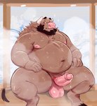 anthro beard belly black_beard black_facial_hair bodily_fluids brown_body brown_fur erection facial_hair fur genital_fluids genitals horn male nipples nude overweight overweight_anthro overweight_male penis pink_balls pink_nipples pink_penis precum sauna sitting solo steam sweat juicestandmango mango_(juicestandmango) bovid bovine cattle mammal hi_res