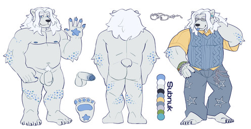 anthro balls blue_body bottomwear bracelet butt chain claws clothing constellation constellation_markings costume denim denim_bottomwear denim_clothing ear_piercing erection feet freckles fur genitals hair jeans jewelry long_hair looking_at_viewer male markings nipples nude outfit_reference pants penis piercing shirt solo star star_(marking) sweater tail tattoo tongue tongue_out topwear white_body white_fur dfcha1 subnuk bear mammal polar_bear ursine absurd_res hi_res model_sheet