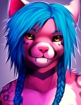 anthro black_sclera blue_hair braided_hair facial_piercing front_view fur hair leopard_spots lip_piercing looking_at_viewer male nude outline piercing pink_body pink_fur pink_nose purple_background simple_background solo spots yellow_eyes falvie blaze_(zabaniya) felid leopard mammal pantherine unknown_species bust_portrait digital_media_(artwork) portrait watermark