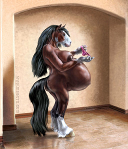 anthro areola belly big_belly big_breasts big_butt biped breasts brown_areola brown_body brown_fur brown_nipples butt clothing female floor fur hooves horse_tail inside mane navel nipples nude outie_navel panties pregnant pregnant_anthro pregnant_female side_view solo standing tile tile_floor underwear mark_stretch equid equine horse mammal hi_res