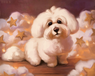 black_eyes cloud feral fluffy fur looking_at_viewer quadruped sitting solo star white_body white_fur alexpahomov canid canine canis coton_de_tulear domestic_dog mammal 2023 5:4 digital_media_(artwork) digital_painting_(artwork) hi_res painting_(artwork)
