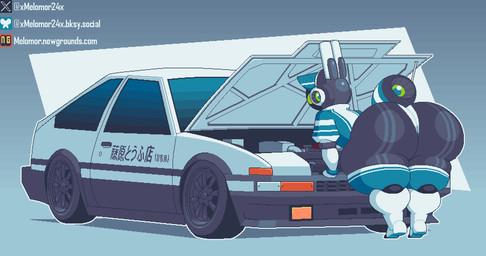 anthro armor bent_over big_butt butt car clothed clothing female green_eyes headgear helmet huge_butt huge_hips huge_thighs long_ears machine rear_view screen screen_face text thick_thighs vehicle white_ears wide_hips melomor project_turboblast toyota_ae86 tempo_(project_turboblast) animal_humanoid humanoid lagomorph leporid mammal rabbit robot 2026 hi_res japanese_text url