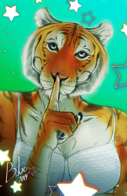 abstract_background anthro bra breasts clothed clothing female fur gesture hand_gesture looking_at_viewer orange_body orange_fur pointing shush solo star striped_body stripes text underwear underwear_only band1tnsfw felid mammal pantherine tiger absurd_res detailed english_text half-length_portrait hi_res portrait