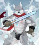 5_fingers abs anthro biceps black_nose clothed clothing fingers fur gloves handwear male melee_weapon muscular muscular_anthro muscular_male nipples pecs scarf solo sword tattoo weapon luwei_(artist) canid canine canis mammal wolf 2019 digital_media_(artwork) shaded