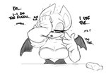 alcohol anthro beer beverage big_breasts big_ears bodily_fluids bottle breasts cleavage clothed clothing container drunk female half-closed_eyes narrowed_eyes onomatopoeia profanity rubbing_eyes solo sound_effects substance_intoxication sweat tail text wings shoutingisfun sega sonic_the_hedgehog_(series) rouge_the_bat bat mammal 2024 sketch