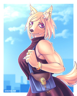 5_fingers accessory anthro bag blonde_hair bracelet breasts brown_nose clothed clothed_female clothing dress ear_piercing ear_ring ear_tuft eyebrows eyelashes female female_anthro fingers fur gold_(metal) gold_jewelry hair jewelry light looking_back makeup markings mole_(marking) muscular outside piercing pink_eyes purple_clothing purple_dress ring ring_piercing short_hair shoulder_bag smile smirk solo standing sunlight tail tuft yellow_body yellow_fur sebzkelter magda_(sebzkelter) canid canine canis mammal wolf 2025 4:5 absurd_res digital_drawing_(artwork) digital_media_(artwork) hi_res