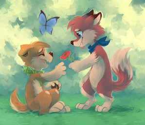 ambiguous_gender anthro blue_eyes blue_kerchief blue_neckerchief blush brown_body brown_fur brown_nose brown_pawpads digitigrade duo facial_hair fangs featureless_crotch feet floppy_ears folded_ears fur giving_flower goatee grass green_kerchief green_neckerchief hindpaw kerchief kerchief_only male male/ambiguous mostly_nude neckerchief neckerchief_only neckwear open_mouth open_smile pawpads paws pink_blush pink_tongue plant sitting sitting_on_ground smile snout standing tail tan_body tan_fur teeth tongue darmp kiro_(kilometers) riley_(waywardmutt) ambient_arthropod ambient_butterfly ambient_insect canid canine canis domestic_dog fox mammal 2014 digital_media_(artwork) digital_painting_(artwork) painting_(artwork) shaded
