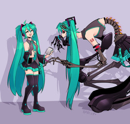 3_fingers absolute_territory accessory ahoge antennae_(anatomy) arm_tattoo armwear belt bent_over black_bottomwear black_clothing black_legwear black_sclera black_skirt black_thigh_boots black_thigh_highs boots bottomwear breasts clothing colored_nails cosplay detached_sleeves duo electronics eyes_closed female female_human female_humanoid fingers footwear glowing grey_clothing grey_shirt grey_topwear hair happy headphones holding_notebook holding_object holding_pen larger_female larger_humanoid legwear long_hair looking_at_another machine mechanical_arm mechanical_leg medium_breasts nails necktie not_furry open_mouth open_smile pen pleated_skirt purple_background red_eyes shirt shoes simple_background size_difference skirt smaller_female smaller_human smile spine tattoo teal_hair teal_nails teal_necktie text thigh_boots thigh_highs topwear twintails_(hairstyle) yarnican vocaloid yamaha_corporation calne_ca hatsune_miku nato-kun arthropod crustacean human humanoid isopod malacostracan mammal robot robot_humanoid digital_drawing_(artwork) digital_media_(artwork) hi_res japanese_text watermark