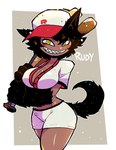 athletic athletic_female baseball_(sport) baseball_bat baseball_cap baseball_uniform bat_(object) black_body black_fur black_hair black_tail black_text bottomwear breasts brown_body brown_skin cleavage clothed clothed_female clothed_humanoid clothing dark_body dark_skin eyelashes female female_humanoid fingers front_view fur hair hat headgear headwear holding_baseball_bat holding_bat looking_at_viewer midriff narrowed_eyes sharp_teeth shirt shorts smile sport sportswear tail teeth text topwear uniform white_bottomwear white_clothing white_shirt white_shorts white_text white_topwear yellow_eyes rariatoo mythology rudy_(rariatoo) animal_humanoid canid canid_humanoid canine canine_humanoid humanoid mammal mammal_humanoid mythological_canine mythological_creature werecanid werecanine werecreature werewolf wolf_humanoid 2021 digital_drawing_(artwork) digital_media_(artwork) hi_res portrait three-quarter_portrait