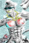 abs chain doll eyewear glistening gold_(metal) gold_chain gold_tooth grey_body grin jewelry male muscular muscular_male necklace red_eyes smile solo sunglasses shtarfish bandai_namco digimon digimon_(species) etemon mammal metaletemon primate warumonzaemon 2:3