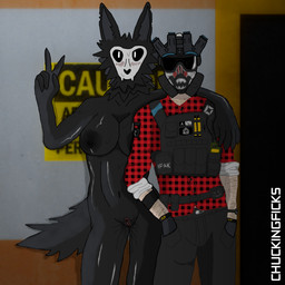anthro arm_hair arm_over_shoulder black_body black_clothing black_fur black_topwear black_vest blush blush_lines bodily_fluids body_hair bone bottomwear bulletproof_vest button_(fastener) claws clitoris clock clothing denim denim_bottomwear denim_clothing dripping dripping_pussy duo electronics facility female fluffy fluffy_tail fur genital_fluids genitals gesture glistening glistening_body glowstick hair hand_gesture hand_in_pocket hands_in_both_pockets head_tuft inside jeans laboratory light_body light_skin male male/female mechanix_gloves military mobile_task_force navel neck_tuft night_vision_goggles nipples pants patch_(fabric) pattern_clothing plaid plaid_clothing pockets pointy_ears pose posing_for_picture radio reflective_body relaxing rolled_up_sleeves shirt skull skull_head sweat tactical_gloves tail tan_body tan_skin tape topwear tuft v_sign vaginal_fluids vest vulva watch white_eyes chuckingficks scp_foundation scp-1471-a humanoid 1:1 2025 hi_res shaded