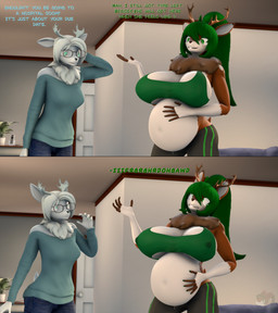 anthro antlers belly big_belly big_breasts bodily_fluids breasts buckteeth clothing dialogue duo eyewear female freckled_face freckles glasses green_eyes horn huge_breasts lactating lactating_through_clothing neck_tuft pregnant revamped_anthros teeth text tuft water_breaking wet wet_clothing donglysfm aspen_frost_(donglysfm) tea_tree_(donglysfm) deer mammal 3d_(artwork) absurd_res comic digital_media_(artwork) english_text hi_res source_filmmaker_(artwork) sibling_(lore) sister_(lore) sisters_(lore)