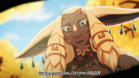3_eyes anime_style anthro big_ears blue_eyes dialogue ear_piercing ear_ring first_person_view forest forest_background fur grey_body hair horn jewelry long_hair looking_at_viewer looking_down male multi_eye nature nature_background necklace open_mouth outside piercing plant ring_piercing solo text tree white_hair prismanoodle nintendo tears_of_the_kingdom the_legend_of_zelda rauru_(tears_of_the_kingdom) mammal zonai english_text hi_res