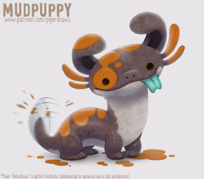 ambiguous_gender beady_eyes black_eyes feral grey_body humor looking_at_viewer mud orange_body pun simple_background smile solo tail tail_motion tailwag text tongue tongue_out visual_pun white_background white_body piper_thibodeau amphibian canid canine canis domestic_dog hybrid mammal salamander 2021 digital_media_(artwork) digital_painting_(artwork) english_text painting_(artwork) url
