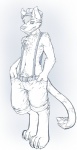 anthro armpit_hair biped body_hair bottomwear chest_tuft clothed clothing digitigrade fluffy fur grin hat headgear headwear looking_at_viewer male pants paws pubes sharp_teeth shorts smile solo standing suspenders teeth topless tuft young young_anthro young_male addickted aardwolf hybrid hyena mammal hi_res line_art monochrome