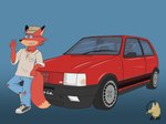 5_fingers anthro car clothed clothing eyewear fiat_unto_turbo fingers fur glasses gradient_background hat headgear headwear italian jewelry male necklace orange_body orange_fur simple_background solo vehicle conditional_dnp djcoyoteguy fiat fiat_uno turbo canid canine fox mammal 4:3 hi_res