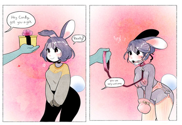 2_panel_comic anthro areola bdsm bent_over big_breasts bodily_fluids bondage bound breasts clothed clothing collar dialogue drooling duo ears_down erect_nipples female gag gagged garter_belt garter_straps gift halter hands_tied harness harness_gag harness_ring_gag holding_leash holding_object leash leashed_collar leggings legwear looking_at_another mostly_nude nipple_clamp nipple_piercing nipple_ring nipples piercing pink_areola pink_nipples pivoted_ears ring_gag ring_piercing saliva speech_bubble stockings sweater tears text thick_thighs thigh_highs topwear wearing_collar peonybunny anonymous_character candy_(peonybunny) lagomorph leporid mammal rabbit comic english_text