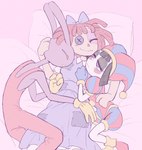 anthro bed bedding blanket blue_eyes button_(fastener) button_eyes clothed clothing cuddling doll female female/female furniture group hair happy hug male male/female mismatched_eyes multicolored_eyes napping no_pupils pillow pinwheel_eyes rag_doll_(toy) red_eyes sleeping smile thin_calves thin_legs thin_thighs trio evilballoondog glitch_productions the_amazing_digital_circus jax_(tadc) pomni_(tadc) ragatha_(tadc) animate_inanimate human humanoid lagomorph leporid living_doll mammal rabbit hi_res