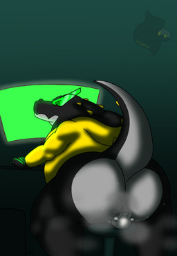 anthro black_body black_scales bodily_fluids bottomless butt chair clothed clothing computer computer_monitor computer_mouse duo electronics eyewear facesitting fur furniture glasses hoodie hoodie_only larger_male male male/male musk musk_cloud overweight overweight_male partially_clothed scales sitting_on_another size_difference sweat sweaty_butt tail topwear topwear_only wearing_glasses white_body white_fur visen_(artist) kure_(visen) visen alligatorid american_black_bear bear black_bear crocodilian kermode_bear mammal reptile scalie ursine absurd_res digital_drawing_(artwork) digital_media_(artwork) hi_res