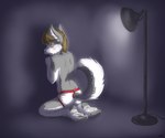anthro blush clothing fluffy fluffy_tail footwear hair kneeling lamp looking_at_viewer male rear_view socks solo tail underwear young cobaltsynapse canid canine canis domestic_dog husky mammal nordic_sled_dog spitz