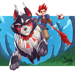 axe blue_eyes duo female feral interspecies jumping male male/female melee_weapon red_eyes riding text weapon year roqin flynn:_son_of_crimson dex_(fsoc) flynn_(fsoc) avian bird human mammal 2017 artist_name