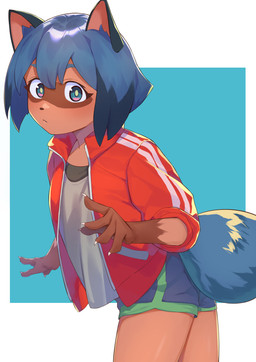 5_fingers anthro blue_body blue_eyes blue_fur blue_hair bottomwear brown_body brown_fur clothed clothing dipstick_tail dolphin_shorts female fingers fluffy fluffy_tail fur hair jacket looking_at_viewer markings open_clothing open_jacket open_topwear short_hair shorts solo tail tail_markings topwear lizzy_imo brand_new_animal studio_trigger michiru_kagemori canid canine mammal raccoon_dog tanuki hi_res portrait three-quarter_portrait