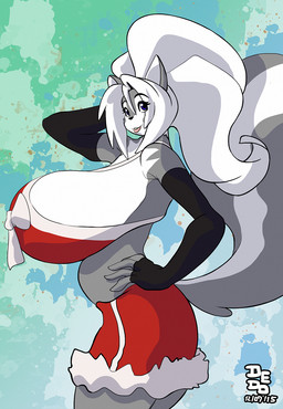big_breasts blue_eyes breasts female fur grey_body grey_fur hair holidays huge_breasts multicolored_body multicolored_fur solo two_tone_body two_tone_fur white_body white_fur white_hair dedoarts christmas chloe_sinclaire mammal mephitid skunk 2015 hi_res