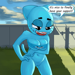 3_fingers age_difference anthro arm_tuft arm_under_breasts arms_bent big_breasts big_ears big_eyes big_iris black_eyebrows black_eyes black_markings black_text blue_body blue_breasts blue_ears blue_fur blue_sky blue_tail bottomless bottomless_anthro bottomless_female breast_squeeze breasts closed_frown clothed clothing clothing_transformation cloud dark_markings day detailed_background duo elbow_tuft elderly_anthro elderly_female eyebrows eyelashes facial_markings fangs female female/female fence fingers frown fur fur_tuft genitals glistening glistening_breasts glistening_eyes grass half-closed_eyes hand_on_hip hand_on_own_hip head_markings innie_vulva iris larger_female light_body light_fur light_markings long_eyelashes looking_at_another looking_down looking_down_at_another looking_up looking_up_at_another markings mature_anthro mature_female mouth_closed muzzle_(marking) narrowed_eyes navel no_pupils older_female outside pink_nose plant pointy_ears polygonal_speech_bubble prick_ears red_tongue shadow shoulder_tuft size_difference sky smaller_female snout speech_bubble squeezing standing tail talking_to_another teeth text thick_eyebrows thick_thighs three-quarter_view tongue transformation tuft vulva whisker_markings white_clouds white_markings white_sclera younger_female noctulov cartoon_network the_amazing_world_of_gumball mary_senicourt nicole_watterson animate_inanimate domestic_cat felid feline felis living_clothing mammal 1:1 2026 digital_drawing_(artwork) digital_media_(artwork) english_text hi_res daughter_(lore) mother_(lore) mother_and_child_(lore) mother_and_daughter_(lore) parent_(lore) parent_and_child_(lore) parent_and_daughter_(lore)