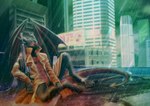 anthro city detailed_background gun horn male membrane_(anatomy) membranous_wings night outside raining ranged_weapon red_eyes sitting solo weapon wings shadify 2021 digital_media_(artwork)